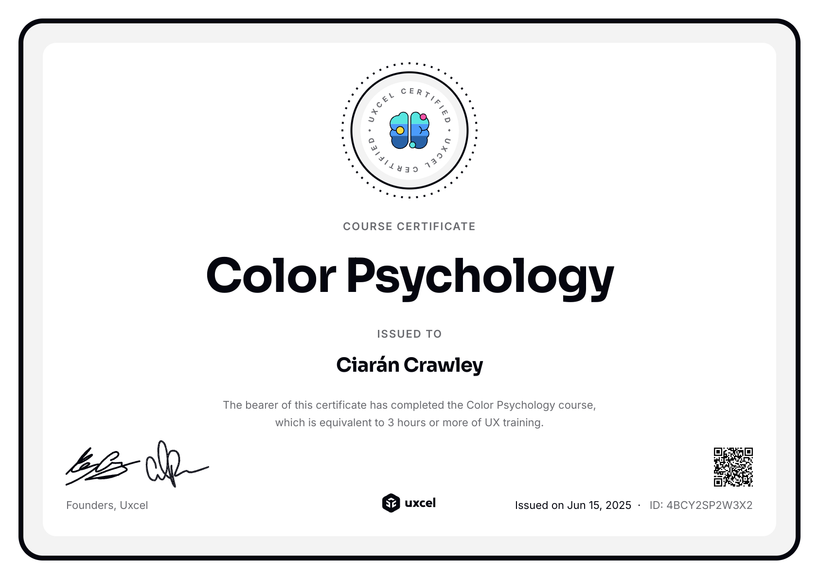 Ciarán Crawley's certificate